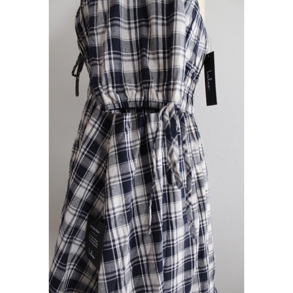Lulus NWT Plaid Countryside Aura Navy Blue Plaid Short Sleeve Mini Dress Small - Picture 8 of 14